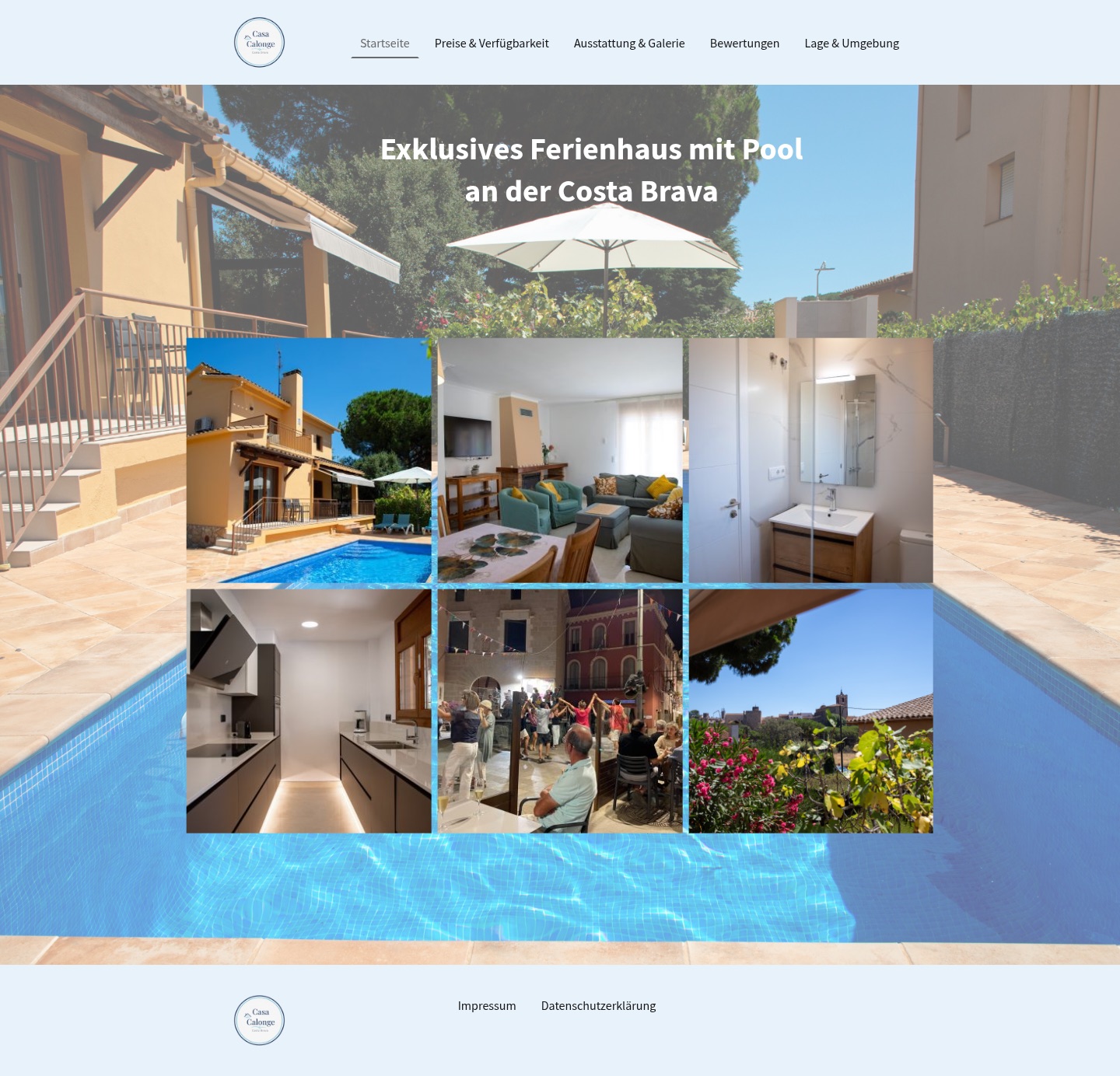 Startseite der Website Casa Calonge mit Fotos der Villa und des Pools